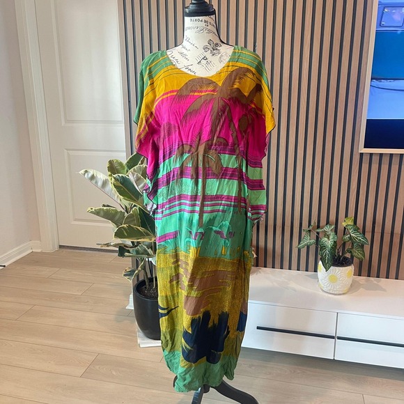 LA AFFAIR Tropical Palm Print Maxi Dress Caftan Kaftan Coverup hawaiian resort - Picture 1 of 7